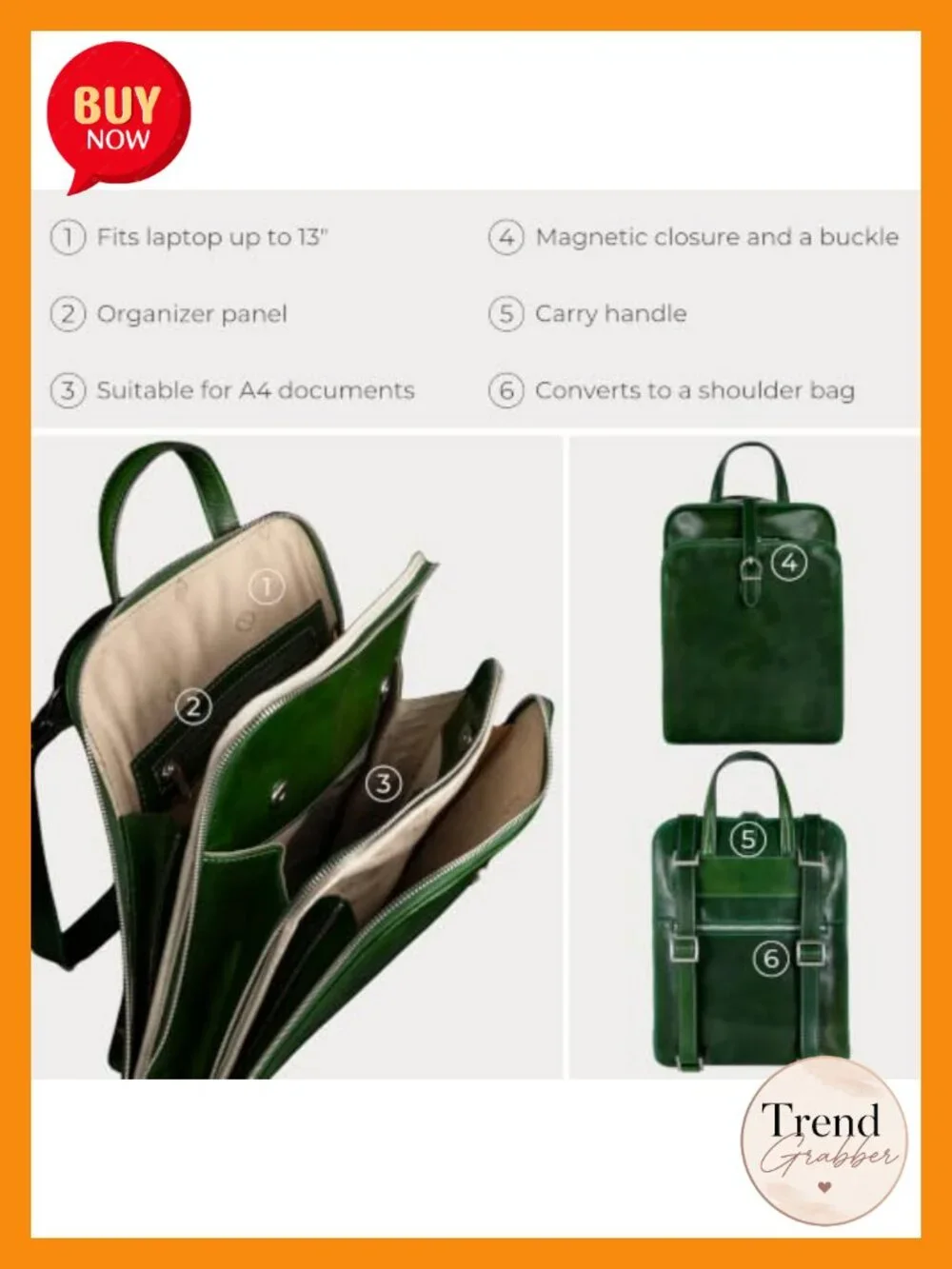 Full Grain Leather Convertible Backpack Shoulder Bag Laptop Rucksack Travel Work